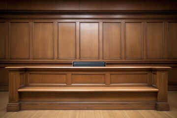 bare, wooden judges bench in a courthouse
