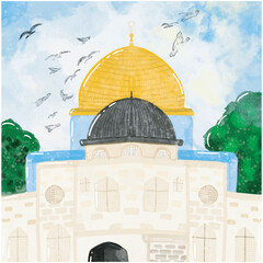 watercolor al aqsa mosque in gaza palestine 