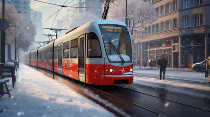Naklejka premium City Tram Passing by in an Urban Street