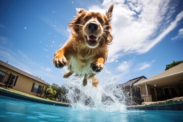 dog diving into a pool to retrieve a dog toy - obrazy, fototapety, plakaty