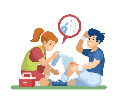 Medical Staff Use Spray For Injury Soccer Player, Sport Activity Cartoon illustration Vector