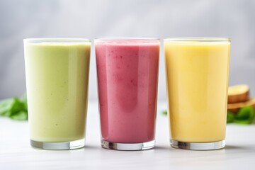 trio of different colored smoothies in glasses