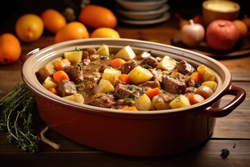 Fototapeta premium a beef stew in a ceramic dish, freshly prepared from a slow cooker