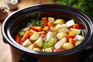 slow cooker filled with simmering vegetables and broth
