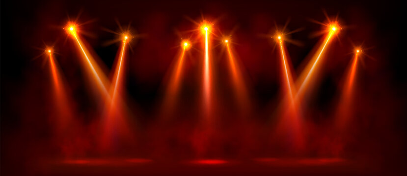 Red bright spotlight on stage with glowing effect. Realistic vector of concert or show projector lights with smoke on black background - lamp beams and rays on entertainment, club or festival.