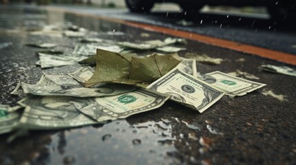 Money bills on wet street and are left dirty, dusty, and old as fiat money has no value. Hyperinflation, currencies collapse, economic and financial crisis concept - obrazy, fototapety, plakaty