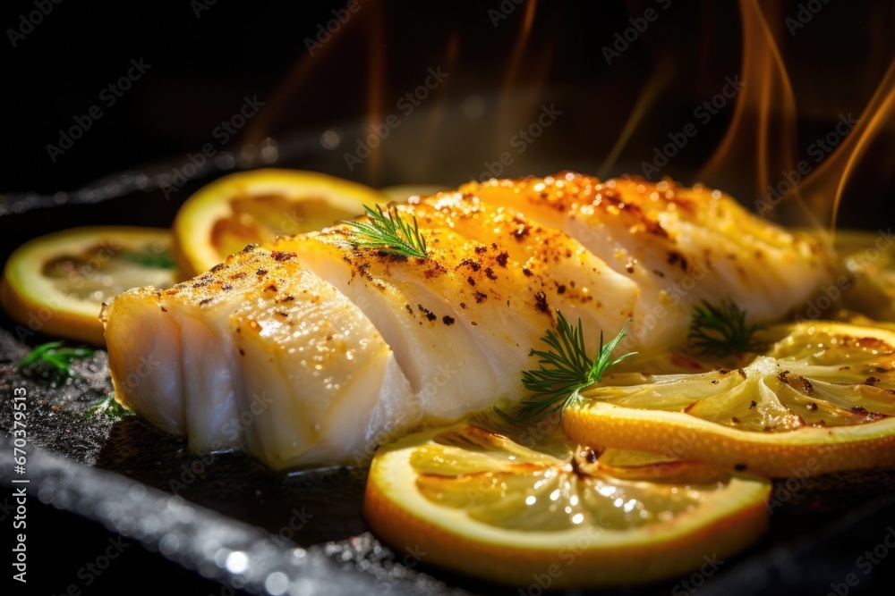 Sticker moodily lit close-up of baked cod garnished with lemon