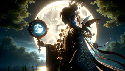 breathtaking Tsukuyomi at midnight, Tsukuyomi, the brother of the sun goddess Amaterasu, AI generated
