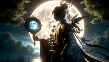 Fotobehang breathtaking Tsukuyomi at midnight, Tsukuyomi, the brother of the sun goddess Amaterasu, AI generated © Yu