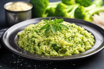 broccoli rice garnished with a sprig of thyme