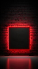 Black billboard with red neon light on brick wall for banner, social media advertising