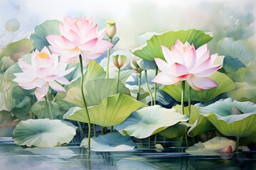 watercolour painting of lotus flowers and leaves in water in an influential and harmonious style of colours