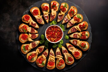 a set of bruschetta with fig and cheese arranged in a circle formation