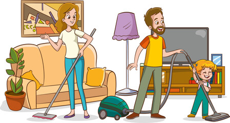 Illustration of a Family Vacuuming the Living Room at Home