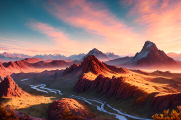  Desert mountains landscape, sunset over the mountains and river, atmospheric and epic nature, Generative AI