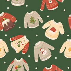 Seamless pattern with ugly Christmas sweater