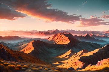  Desert mountains landscape, sunset over the mountains and river, atmospheric and epic nature, Generative AI