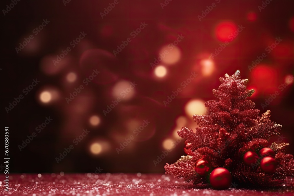 Poster christmas background with xmas tree and sparkle bokeh lights on red canvas background. merry christm
