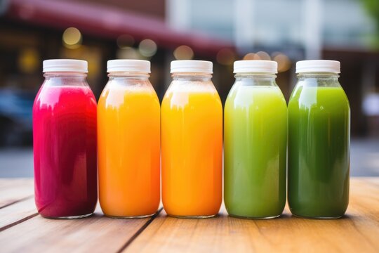 a close-up shot of rainbow-colored cold pressed juices
