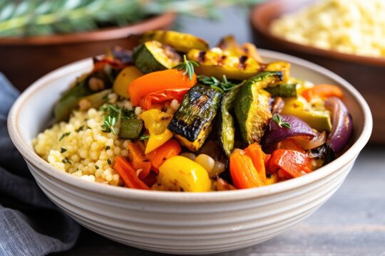 grilled summer veggies mixed with couscous in a bowl