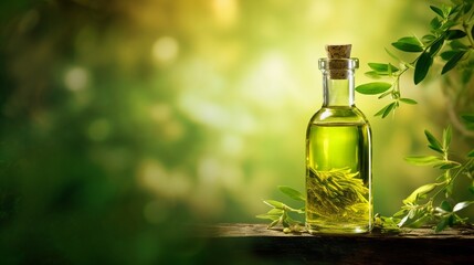 bottle of olive oil with herbs - obrazy, fototapety, plakaty