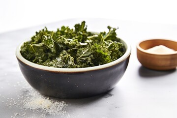 sea salt sprinkled kale chips in a dish on light background