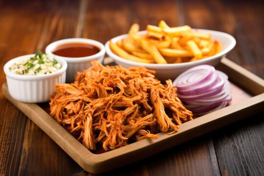 arrangement of pulled chicken with sauce and curly fries