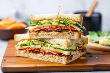 Wandaufkleber vegan sandwich layered with coleslaw on bamboo tray © Natalia