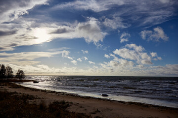 Beautiful view on the sea with clouds on the horizon, selective focus