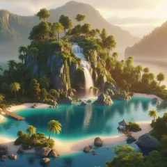 Fotobehang 3D illustration of a tropical island with a waterfall and a small lake © Sohel