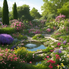 beautiful garden view with various flowers, AI generated.