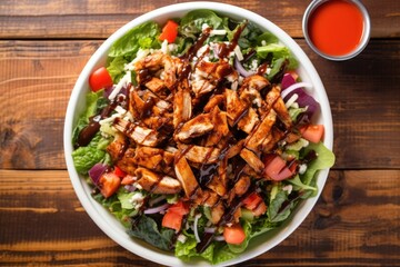 overhead shot of a salad topped with bourbon bbq chicken