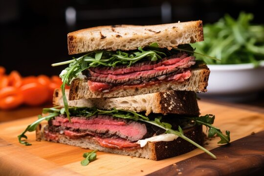 sourdough sandwich with rare roast beef slices