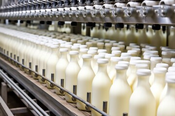 Obraz premium individually capped buttermilk bottles on assembly line