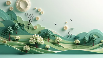Tuinposter greeting card, green abstract landscape in the style of paper sculpture. © kichigin19