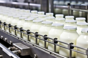 Obraz premium buttermilk bottles in factory packaging line