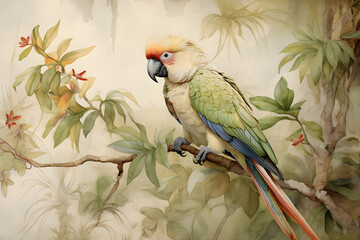 vintage watercolour painting of parrot on tree branch in jungle