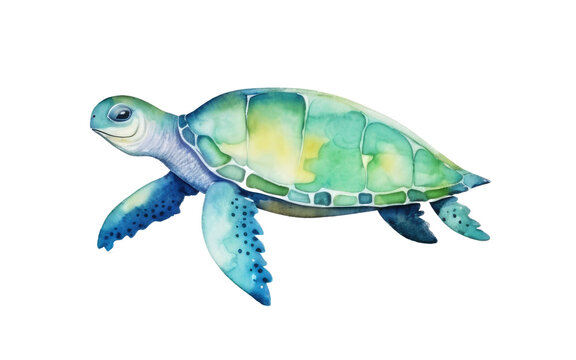Watercolor sea turtle isolated on white background. Marine animal, inhabitants of the ocean.