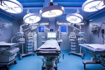 sterilized operation theater with surgical lighting setup - obrazy, fototapety, plakaty