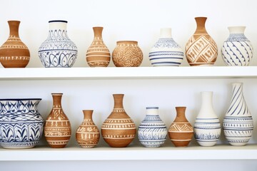 aegean greek pottery on a white shelf - obrazy, fototapety, plakaty