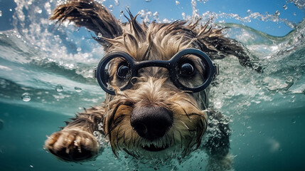 a freediver dog dives in clear water in summer.