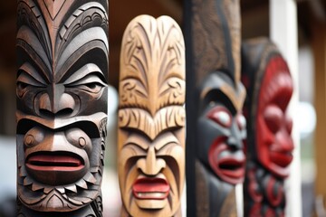 traditional maori carvings at a new zealand fair - obrazy, fototapety, plakaty