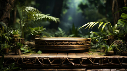 Empty wooden podium on a platform in the dark jungle.
