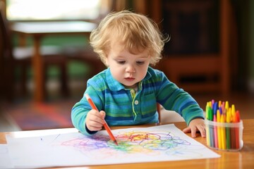 toddler doodling with crayons on paper