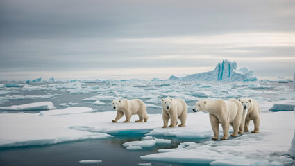 Arctic landscape with polar bears, An icy Arctic landscape with polar bears roaming across frozen tundra and icebergs in the distance, generative Ai