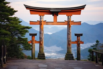 large wooden torii gate at the base of a mountain