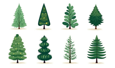 Icon set of fir trees. Decoration for New Year, winter holidays. Set of cartoon Christmas trees for greeting card. Stickers with simple background.