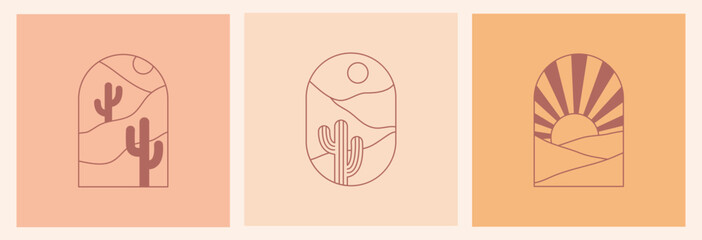 Boho logo landscape with desert. Cactus, sandy mountains, moon and sun. Abstract design templates. Vector bohemian set in trendy liner style