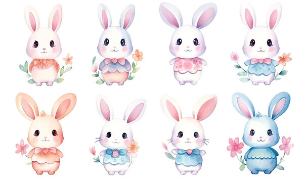 Watercolor cute little cartoon bunny for baby shower and Easter. Set of cartoon aquarel Easter bunnies for greeting card or stickers with simple background.