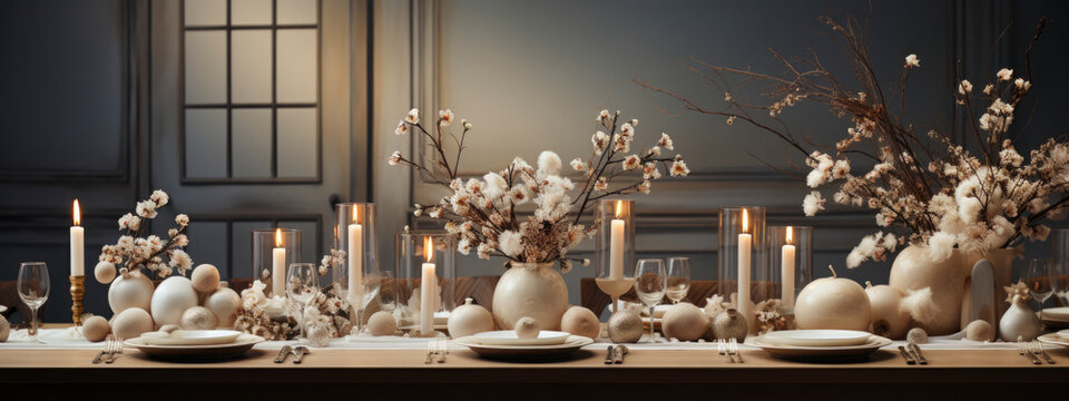 New Year and Christmas table decoration with beautiful glasses, dishes, balls and flowers on blurred background. banner